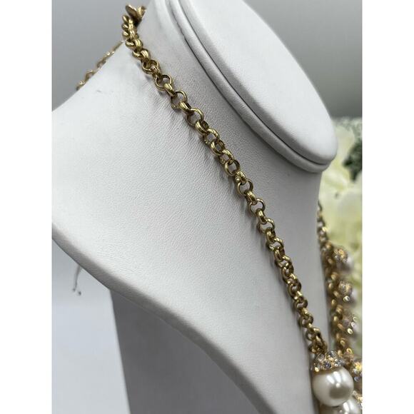 J. Crew Gold-Tone Faux Pearl Rhinestone Dangle Cluster Statement‎ Necklace - Picture 10 of 11